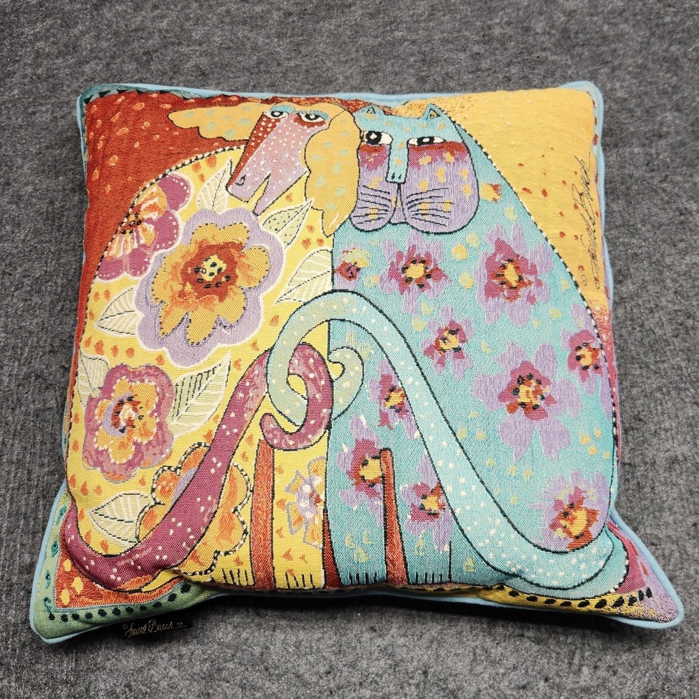 Laurel Burch Cat Dog Twisted Tail Tapestry Square Throw Pillow Faux Suede 17x17 - Picture 1 of 7